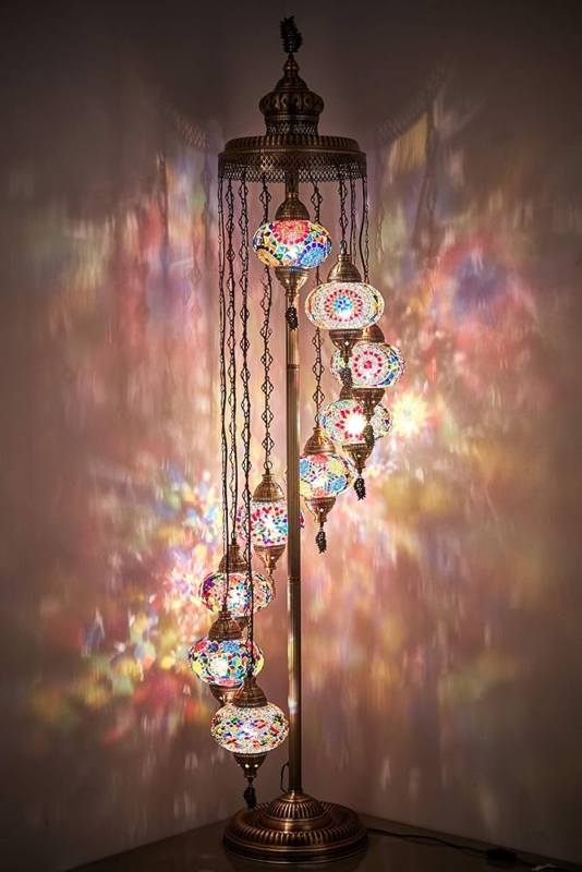 Turkish Floor Lamp Nine Globe Mosaic Cascading Design Exotic Decor