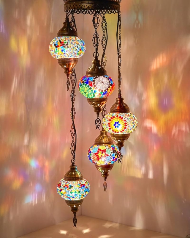 Turkish Mosaic Glass Chandelier: Antique Bronze 5-Light Fixture