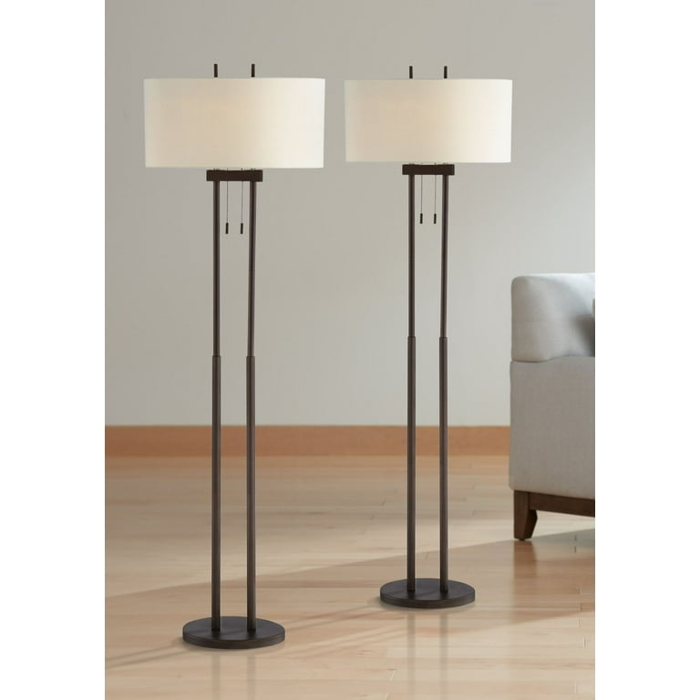 Twin Pole Floor Lamp with Bronze Finish and Cream Drum Shades