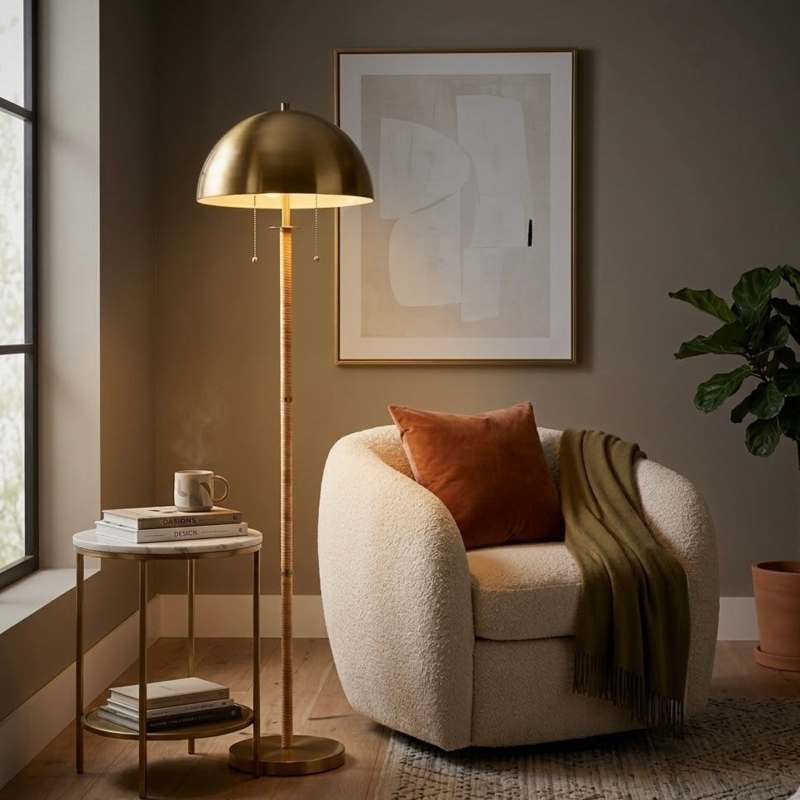 Two-Light Floor Lamp Rattan Wrap Brass Globe Shades Mid Century