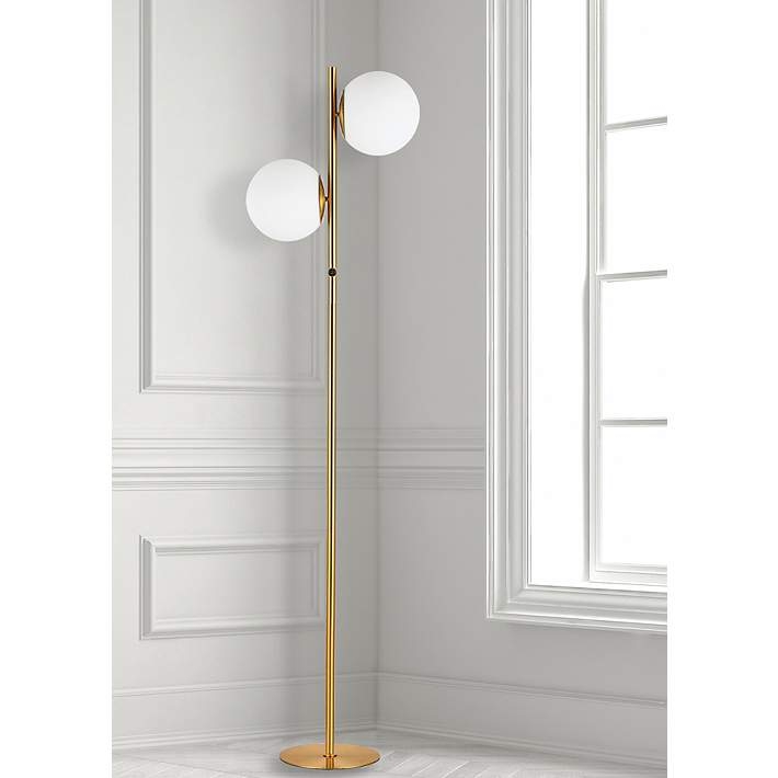 Two-Light Floor Lamp with Staggered Frosted White Globe Shades
