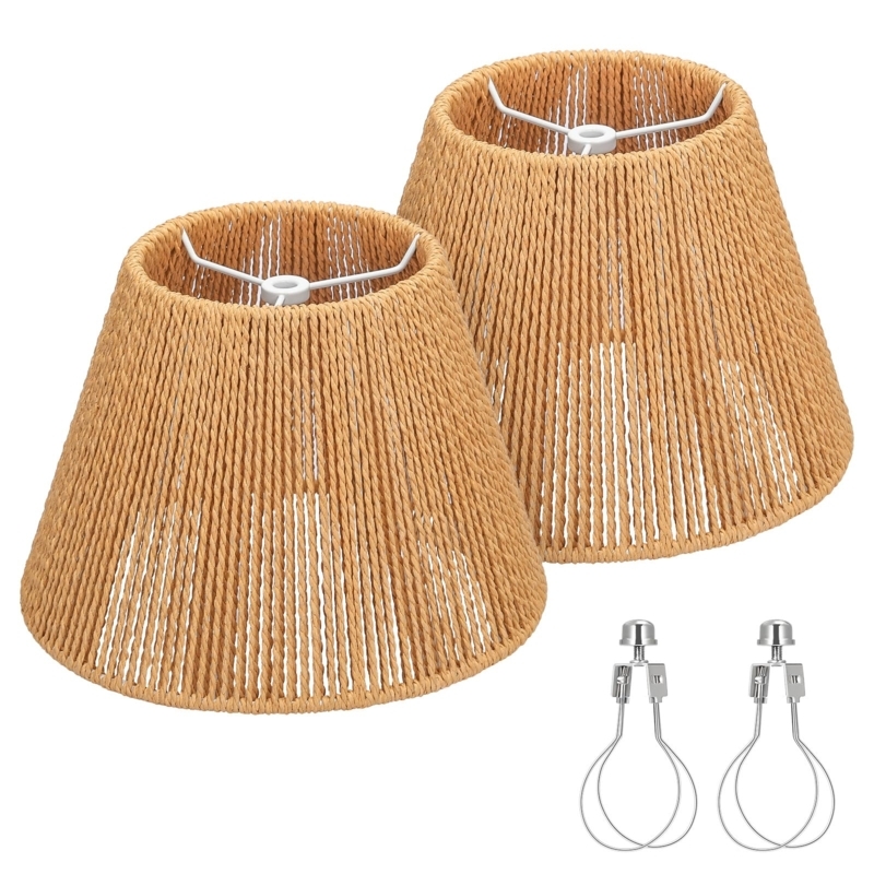 Two Natural Lamp Shades Rattan Weave Empire Boho Style Set
