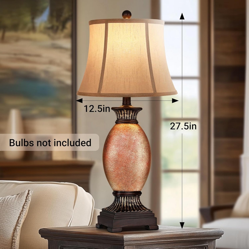 Two Table Lamps Turned Pedestal Base Distressed Cream Textured Oatmeal Shade
