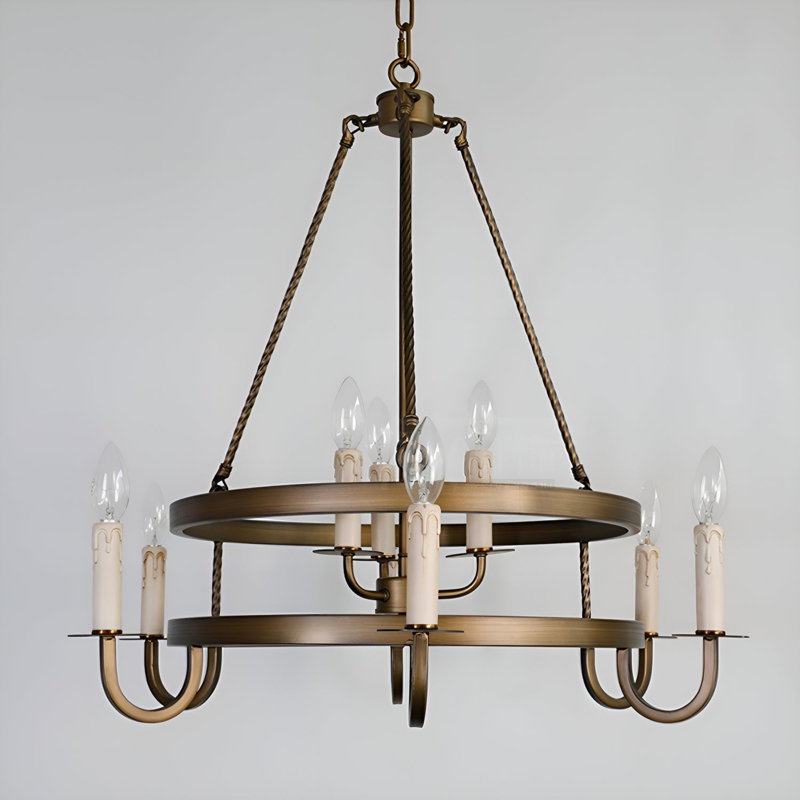 Two-Tier Bronze Wagon Wheel Chandelier with Candelabra Sockets