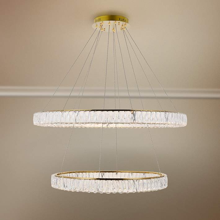 Two-Tier Chandelier in Gold Finish with Cascading Crystal Pendants