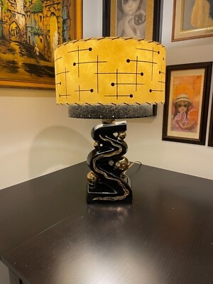 Two Tier Lamp Shade Teal And Black Atomic Pattern Fiberglass Vintage