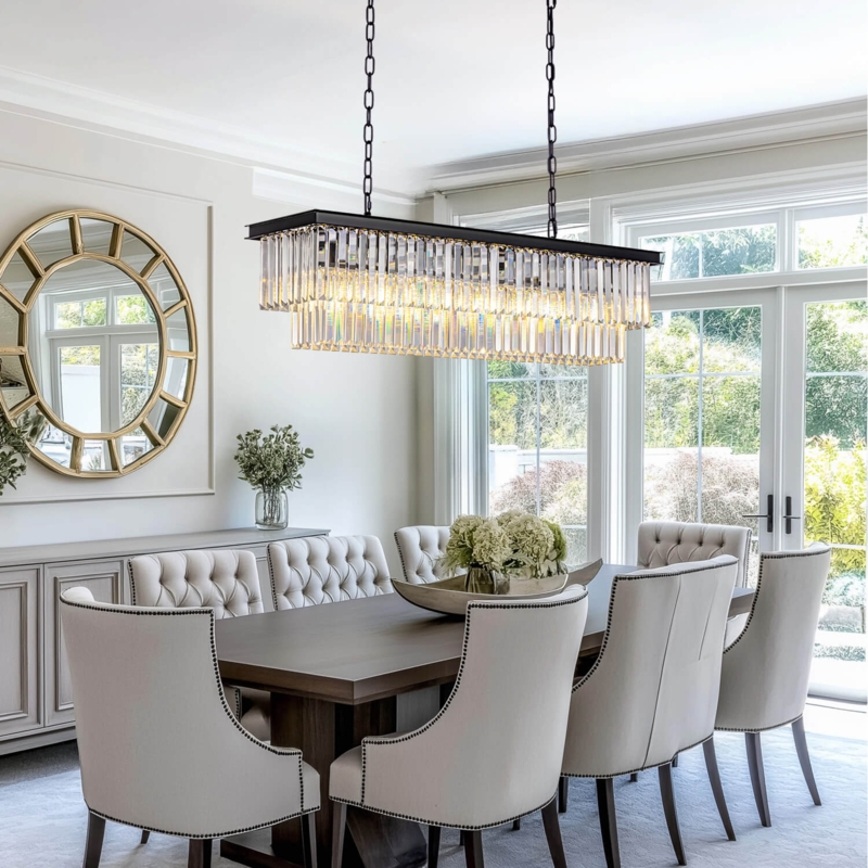Two-Tier Rectangular Chandelier Black Metal Crystal Prisms