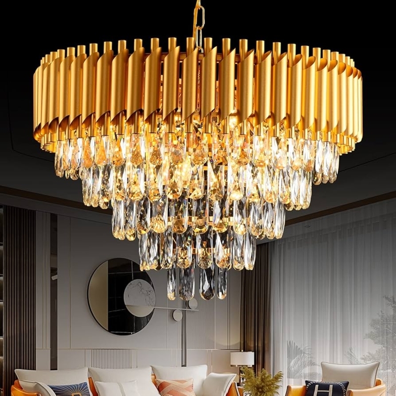 Two Tier Round Chandelier Design, Faceted Crystal Drops Polished