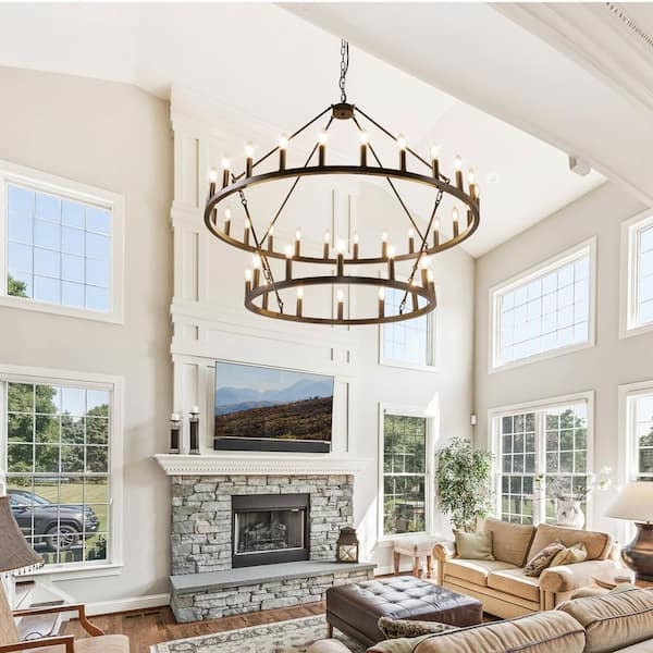 Two-Tier Wagon Wheel Chandelier 36-Lights Matte Black Farmhouse Style