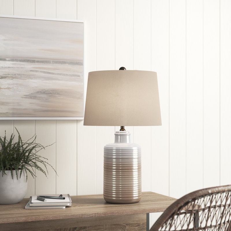 Two-Tone Ceramic Table Lamp Set White Pitted Gourd Base Rustic