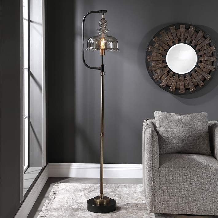Two-Tone Floor Lamp with Brass and Dark Finish and Pull Chain