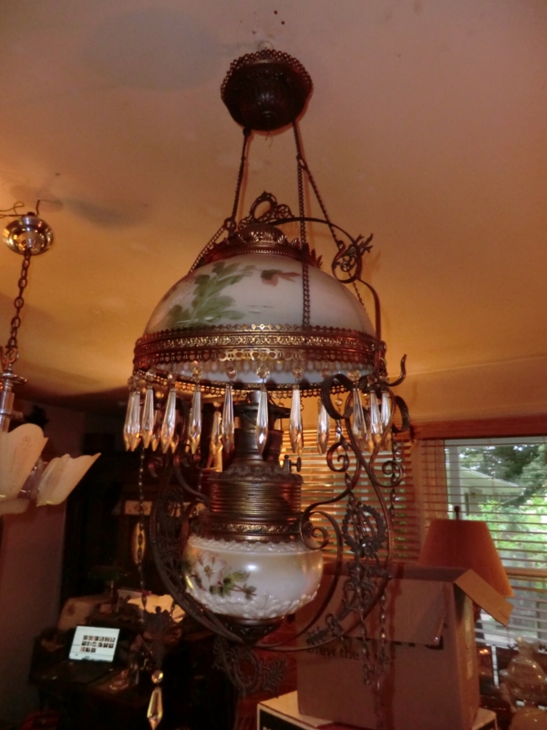 Victorian Chandelier Electrified Oil Lamp Style Frosted Shades