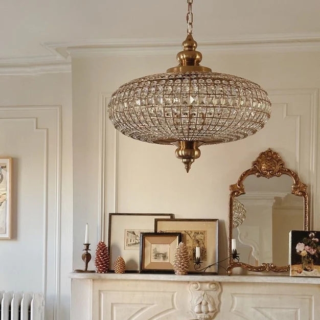 Vintage Beaded Ellipsoid Crystal Chandelier, Gold Toned Frame