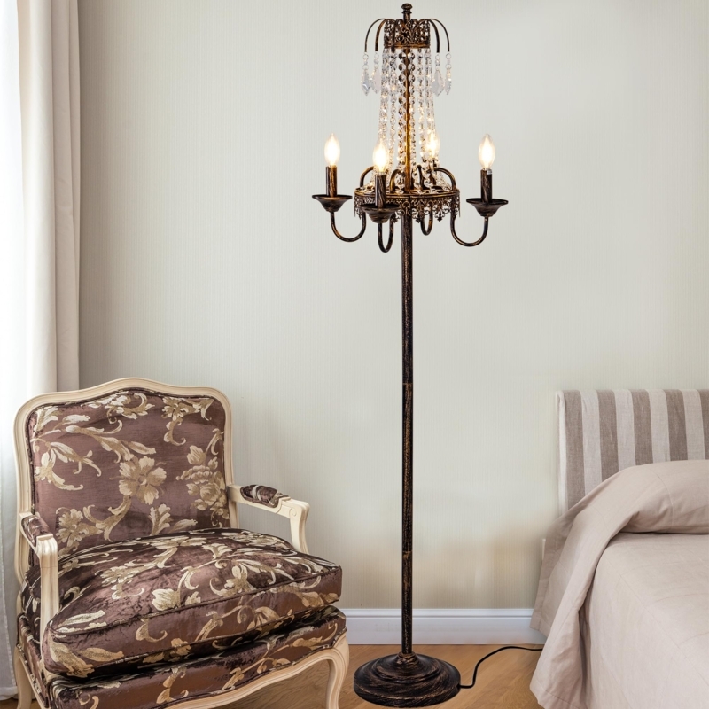 Vintage Bronze Candelabra Floor Lamp with Crystal Accents for Farmhouse