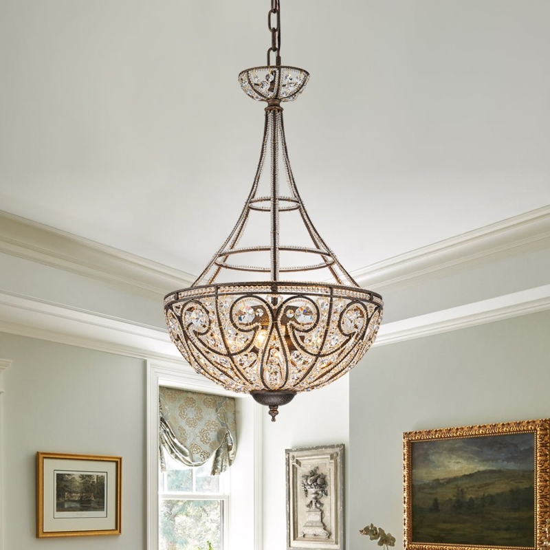 Vintage Bronze Lantern Pendant, Mottled Finish with Crystal Drops