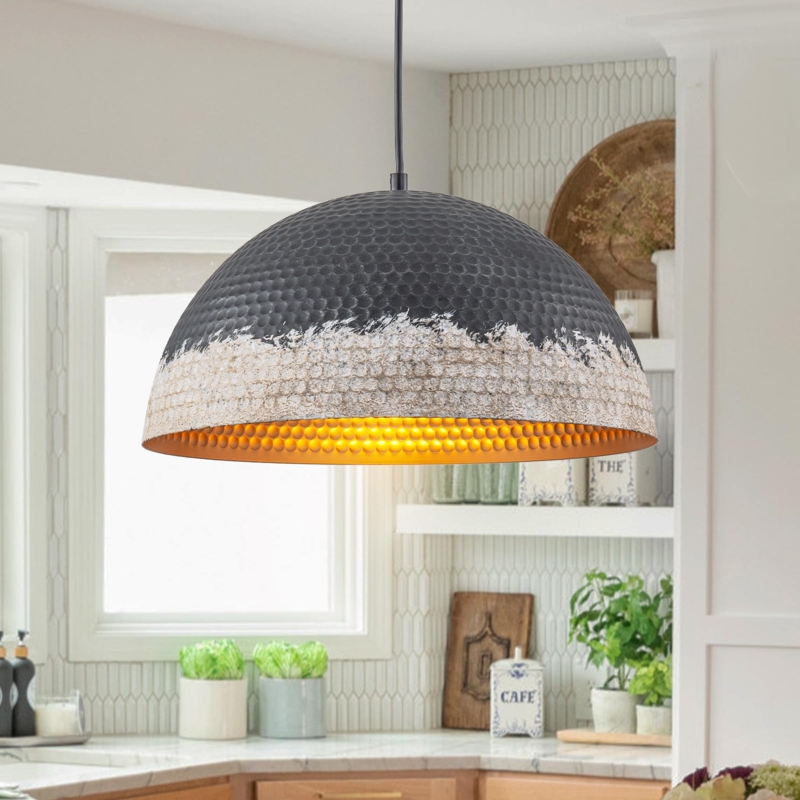 Vintage Hammered Metal Pendant Light with White Lining