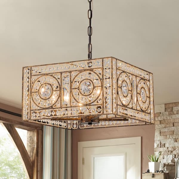 Vintage Iridescent Crystal Chandelier Square Bronze Frame Glam Style