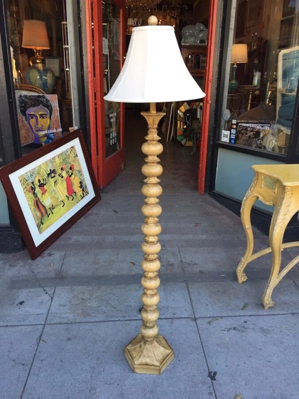 Vintage-Style Floor Lamp, Dark Turned Wood Base, Pleated Drum Shade