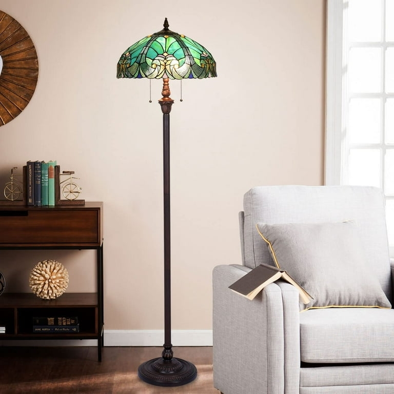 Vintage Style Floor Lamp Floral Stained Glass Antique Bronze Pedestal