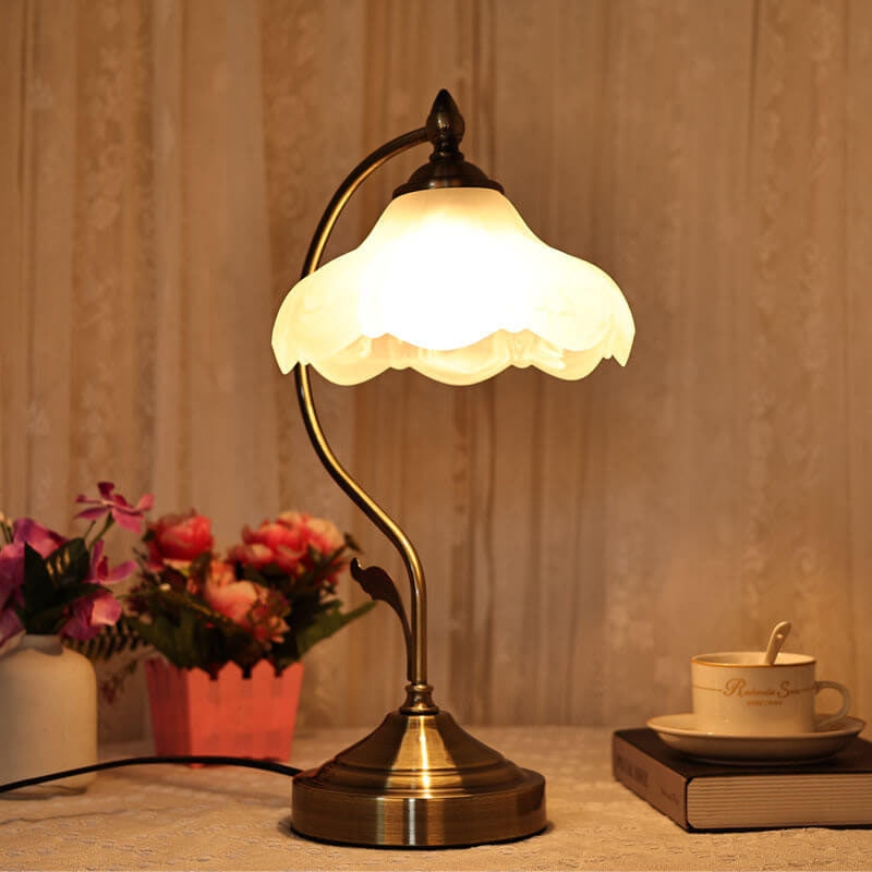 Vintage Table Lamp Frosted Floral Glass Shade Ornate Metal Base