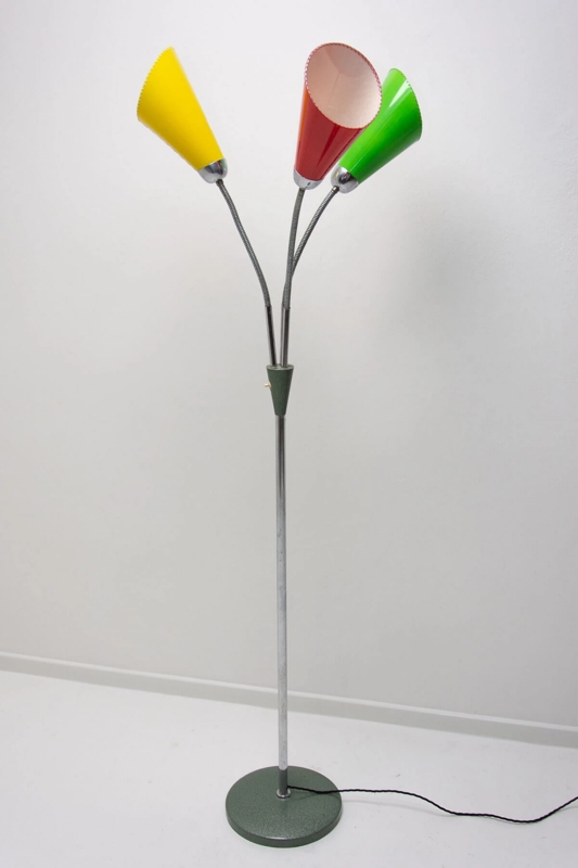 Vintage Three-Light Standing Lamp Multicolored Conical Shades Retro