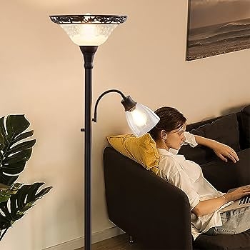 Vintage Torchiere Floor Lamp: Antique Bronze with Etched Glass Shade