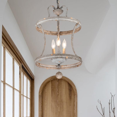Vintage White Chandelier with Distressed Scrollwork and Teardrop Crystals