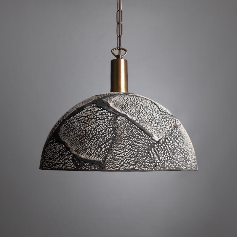 Wabi-Sabi Black Clay Pendant Light, Cratered Texture Dome