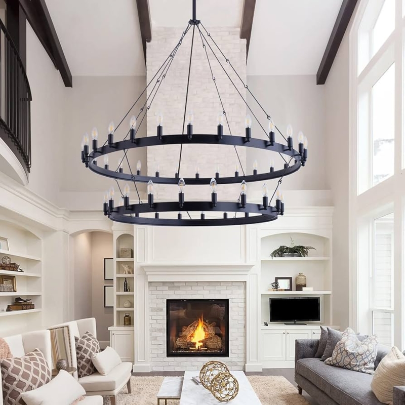 Wagon Wheel Chandelier, 48-Light Matte Black, Large Scale Rustic Light