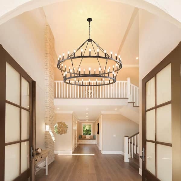 Wagon Wheel Chandelier, Black 48-Light Round Hanging Light