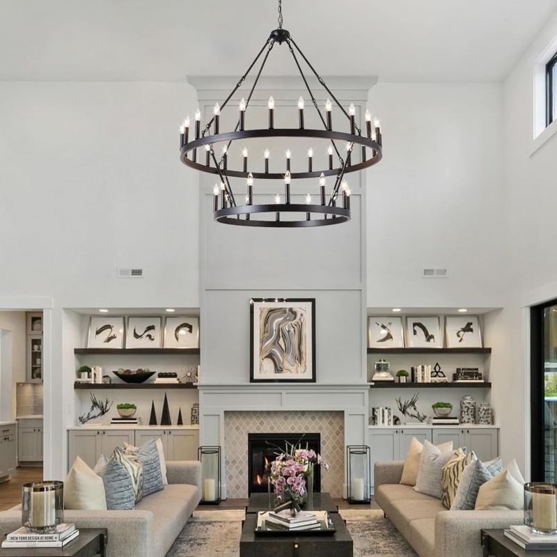 Wagon Wheel Chandelier, Industrial Iron Two-Tier, Industrial Lighting
