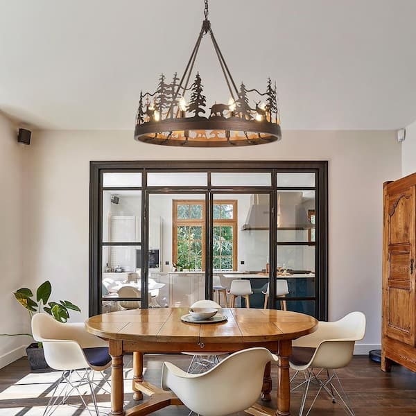 Wagon Wheel Chandelier Rustic Exposed Bulbs Oil-Rubbed Bronze