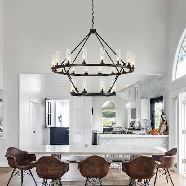 Wagon Wheel Chandelier Two-Tier 24-Light Large Scale Matte Black