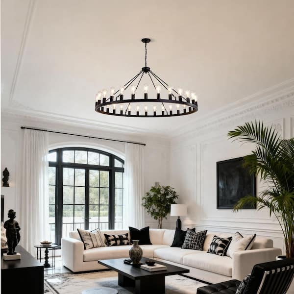 Wagon Wheel Chandelier Two-Tier Matte Black 30-Lights Candle Style