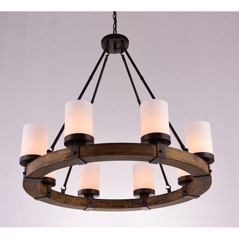 Wagon Wheel Chandelier, Wood Ring & Gold Socket Covers, Rustic Modern