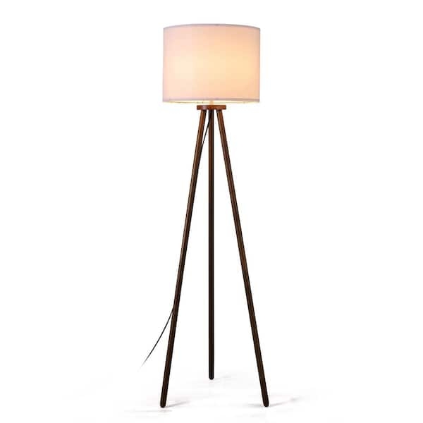 Walnut Finish Floor Lamp Neutral Drum Shade Tapered Legs Mid Century
