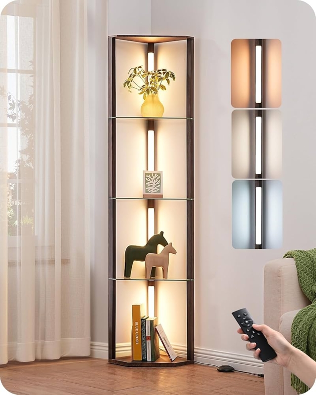Walnut Five-Tier Shelf Floor Lamp with Glass Display Shelves