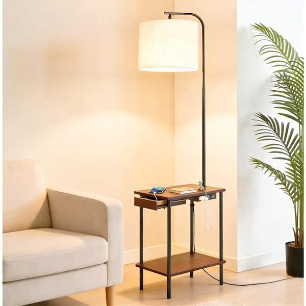 Walnut Floor Lamp, Integrated Tray Table Storage Drawer USB