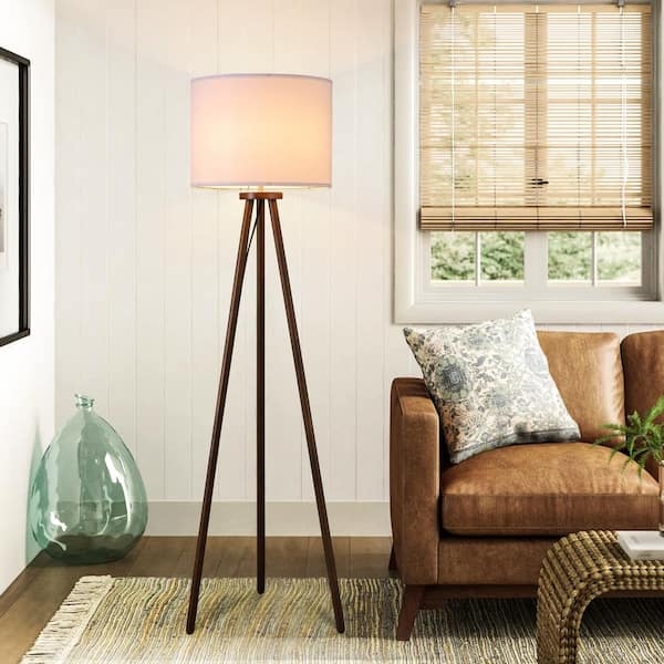 Walnut Tripod Floor Lamp White Linen Like Shade Satin Finish Modern