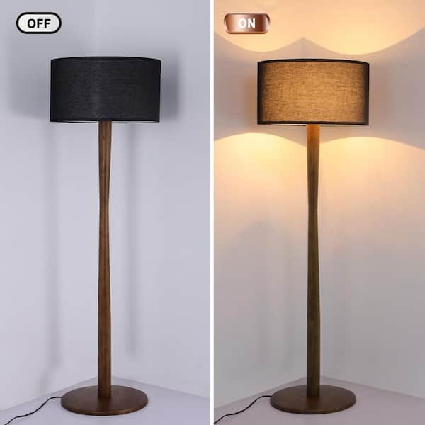 Walnut Tripod Floor Lamp with Integrated Shelf and Black Shade