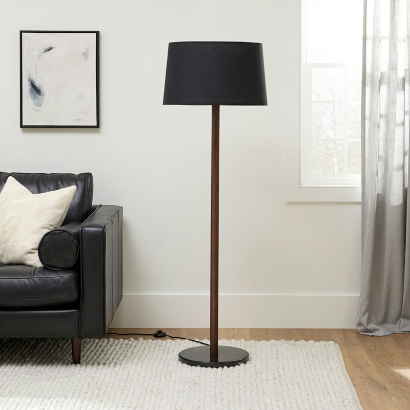 Walnut Wood Floor Lamp with Marble Base and Fabric Drum Shade