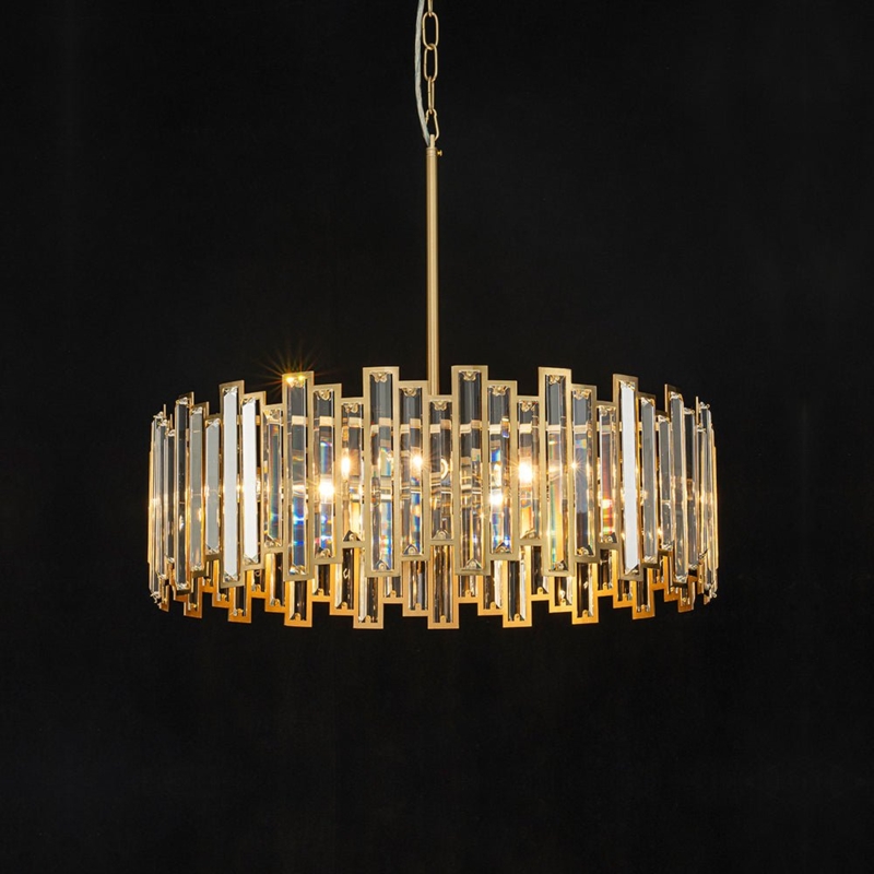 Warm Brass Tiered Drum Chandelier Crystal Prisms Elegant
