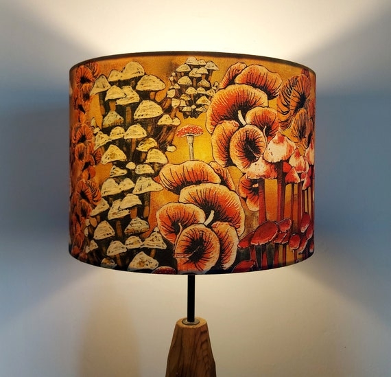 Whimsical Mushroom Print Drum Lampshade Botanical Illustration Warm Glow