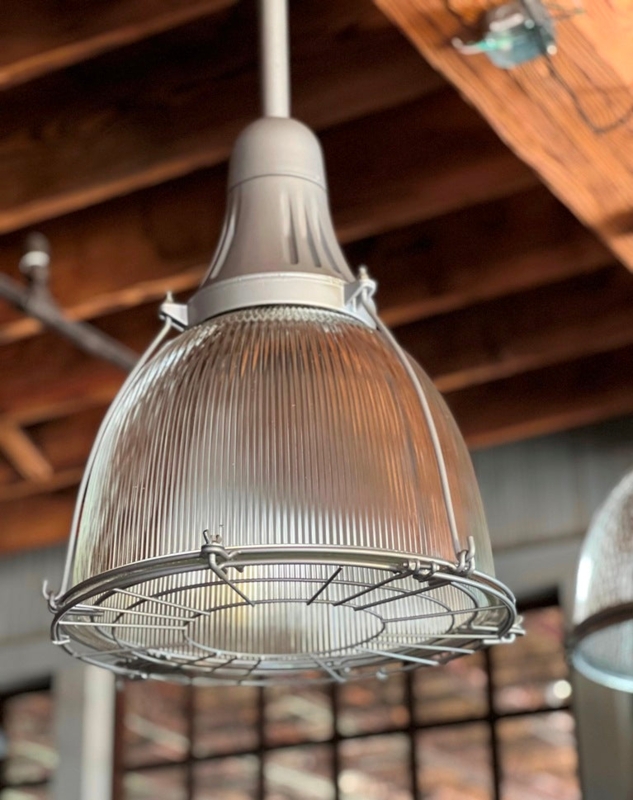 Wire Cage Prismatic Glass Pendant Light Industrial Salvaged Holophane Style