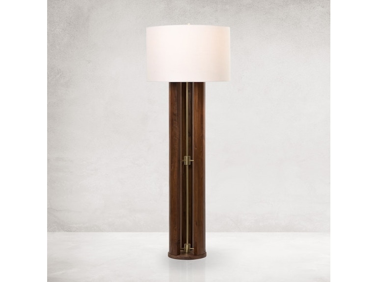 Wood and Brass Floor Lamp Tripod Base with White Drum Shade