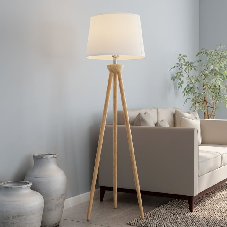 Wood Base Tripod Floor Lamp White Drum Shade Matte Finish Modern