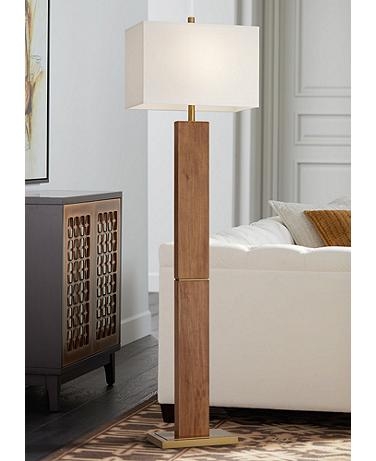 Wood Floor Lamp Open Frame Rectangular Fabric Shade Mid-Century Style
