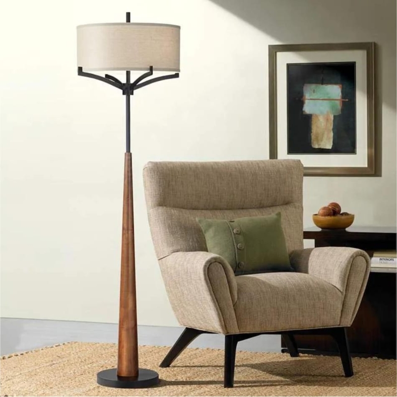 Wood-Toned Floor Lamp with Tray Table and Beige Drum Shade