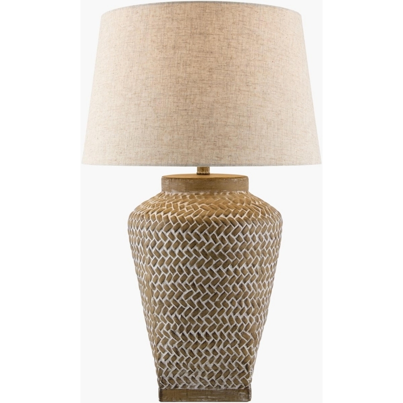 Wood Toned Table Lamp Double Post Base Brass Accents Transitional