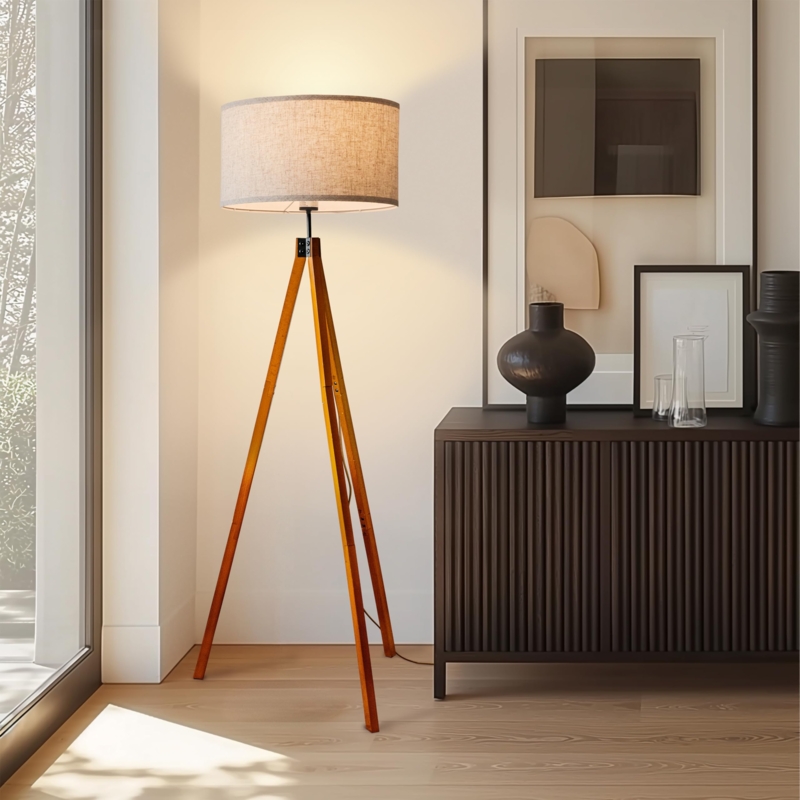 Wood Toned Tripod Floor Lamp Neutral Fabric Shade Cozy Reading Corner